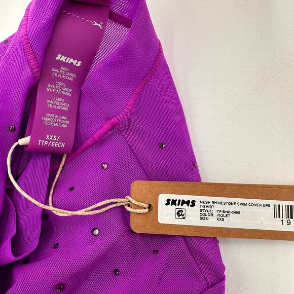 Skims Women's Mesh Rhinestone Swim Cover Ups T-Shirt NEW Violet Purple Size XXS - Picture 2 of 4